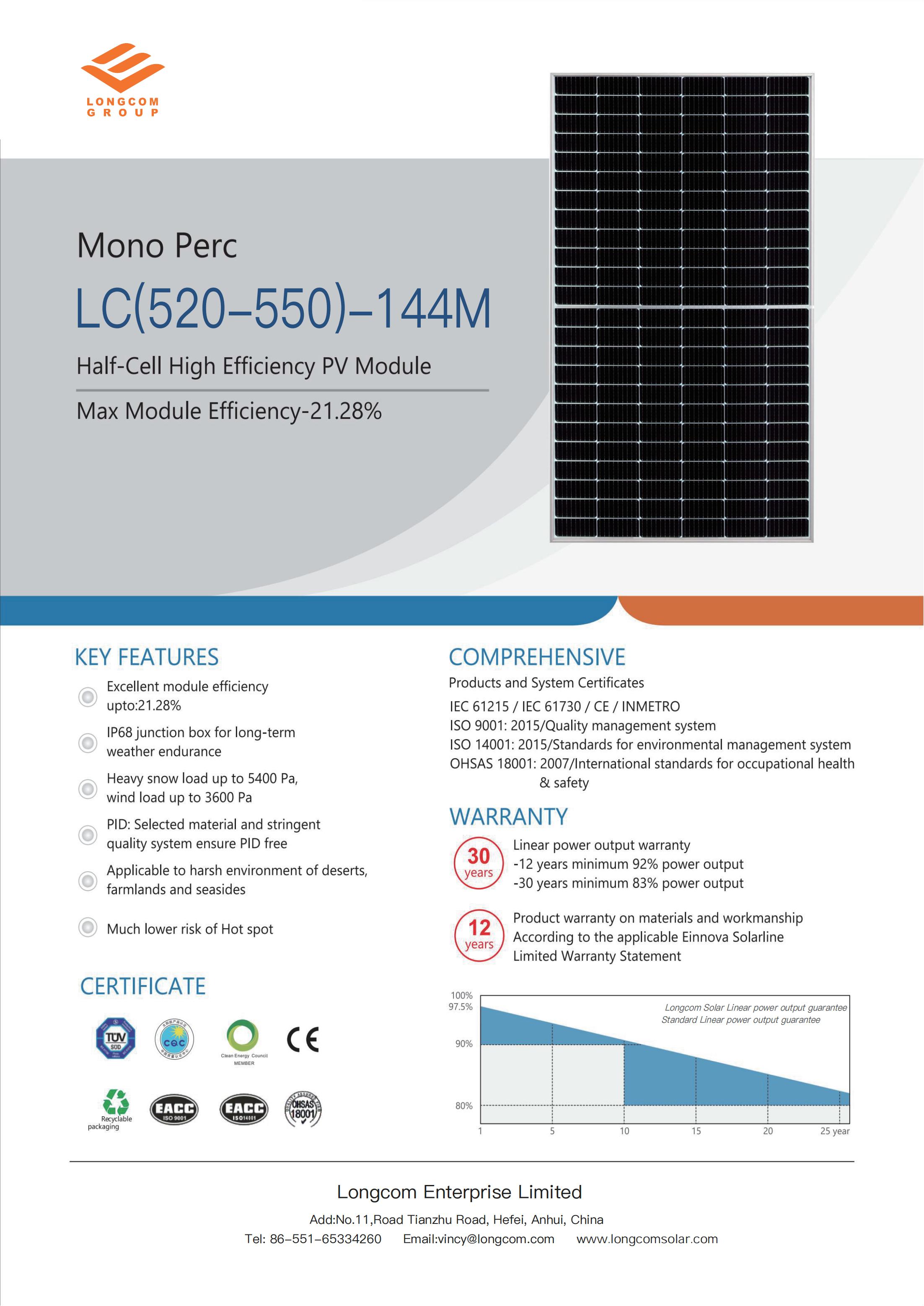 Long Group Power 550W Monocrystalline 166mm M6 Half Cut 144 Cell Solar Panel Mono PV Energy Power