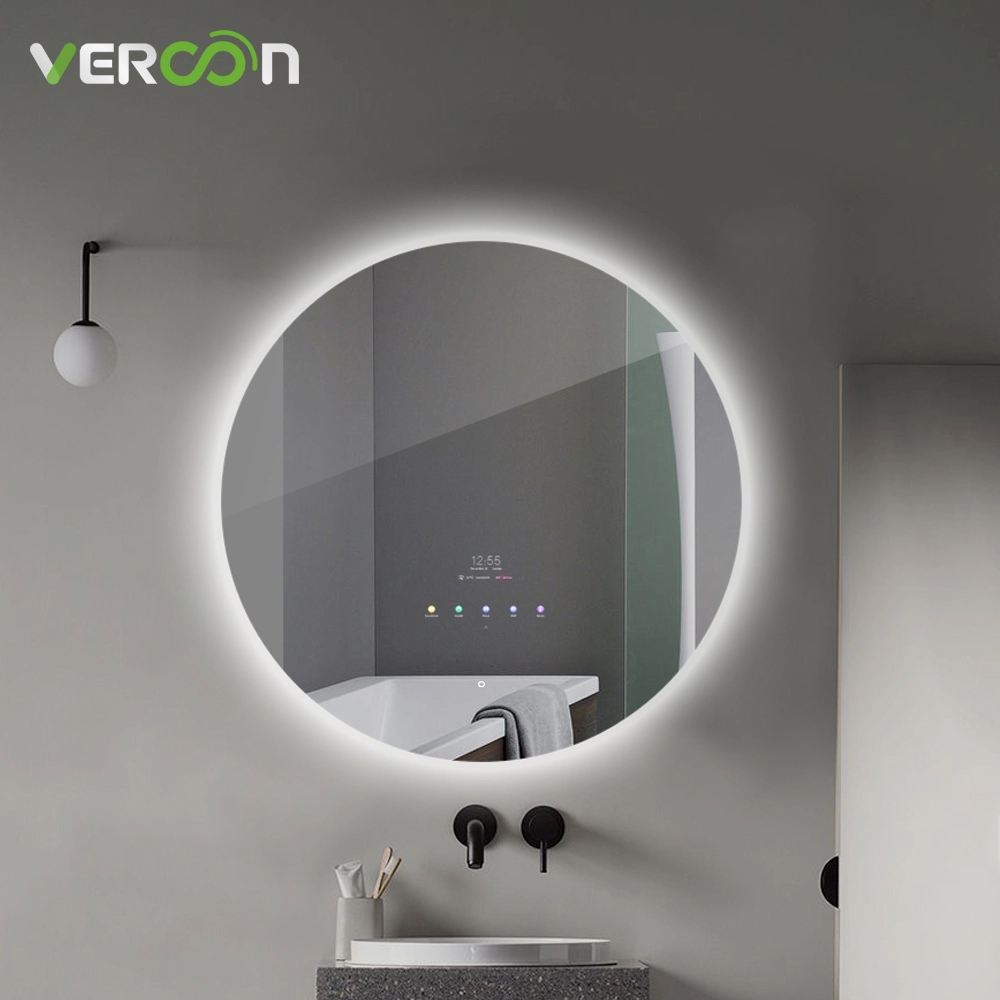 مرآة الحمام الذكية مستديرة بإضاءة خلفية وبلوتوث