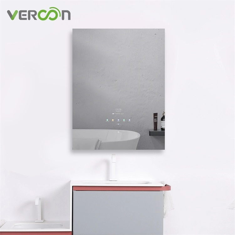 مرآة حمام ذكية مضادة للضباب مثبتة على الحائط بإضاءة LED قابلة للتعتيم