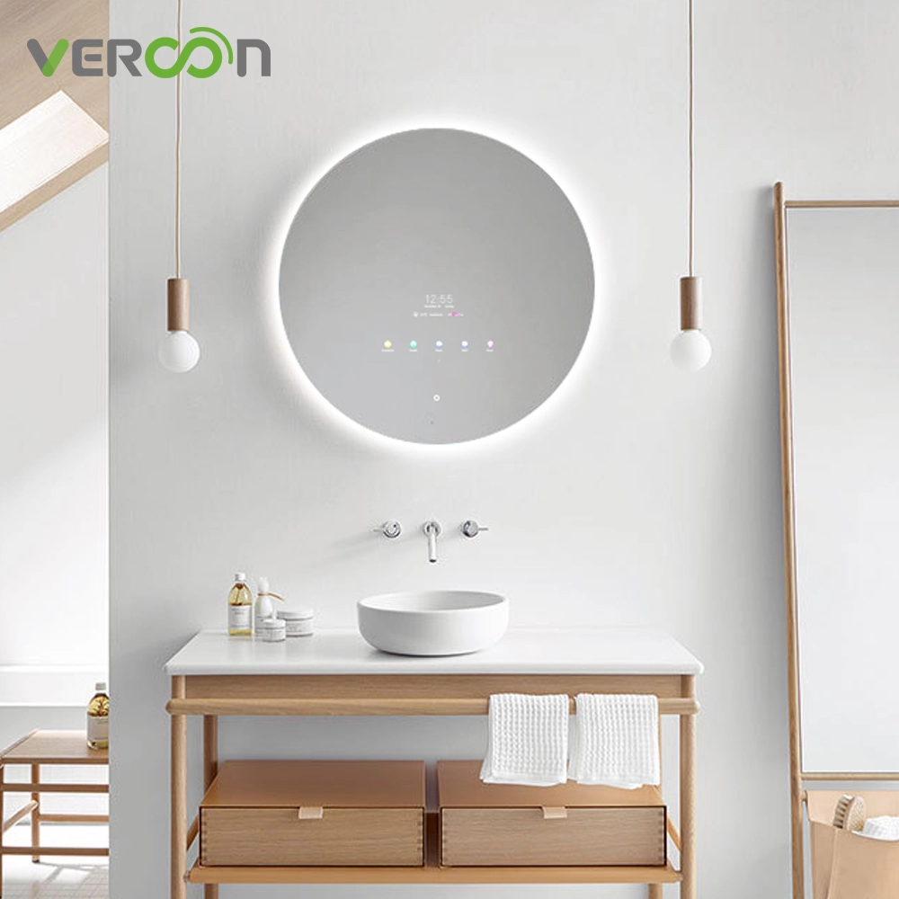 مرآة ذكية مستديرة بإضاءة LED للحمام مخصصة من Vercon مع مفتاح لمس