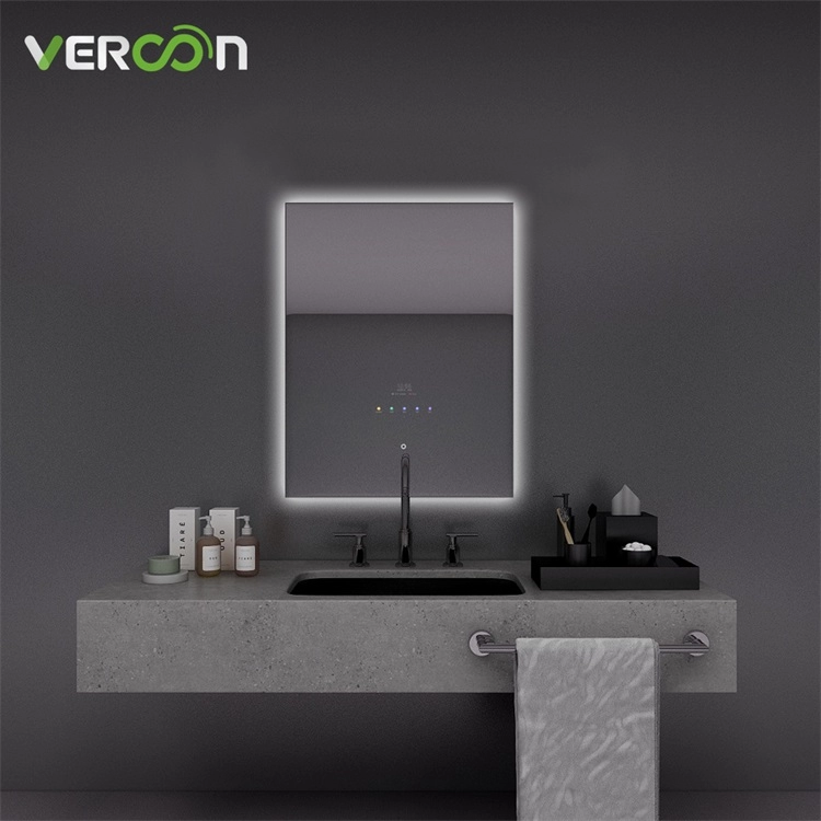 وصول جديد مثبت على الحائط Android 11 مستطيل مقاوم للماء بإضاءة خلفية فندق ذكي مرآة حمام مع مزيل ضباب