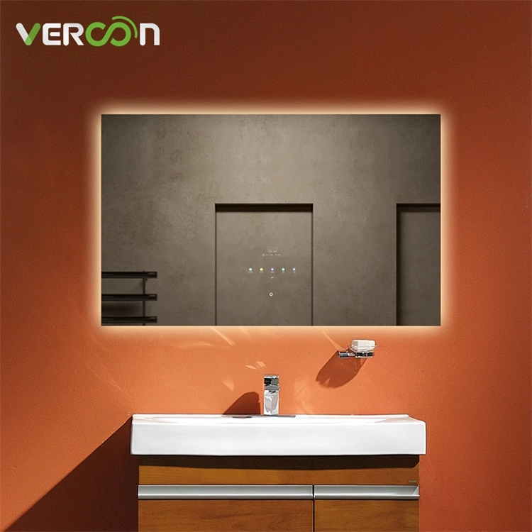 مرآة حمام كبيرة معلقة على الحائط، مرآة حمام ذكية بإضاءة LED قابلة للتعديل مع شاشة تعمل باللمس