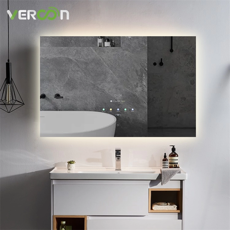 مرآة زينة مثبتة على الحائط للحمام، مرآة ذكية تعمل باللمس تعمل بنظام Android مع WIFI