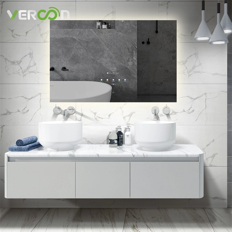 مرآة حمام ذكية بشاشة تعمل باللمس مع إضاءة خلفية بإضاءة خلفية ذكية مثبت على الحائط بإطار من الألومنيوم ومكياج بإطار من الألومنيوم
