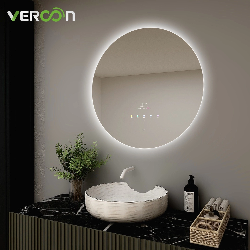 مرآة الحمام الذكية مستديرة بإضاءة خلفية وبلوتوث