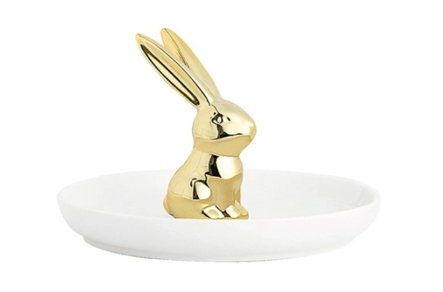 حامل طبق سيراميك ذهبي على شكل خاتم أرنب للمجوهرات