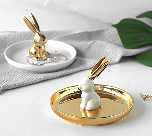 حامل طبق سيراميك ذهبي على شكل خاتم أرنب للمجوهرات
