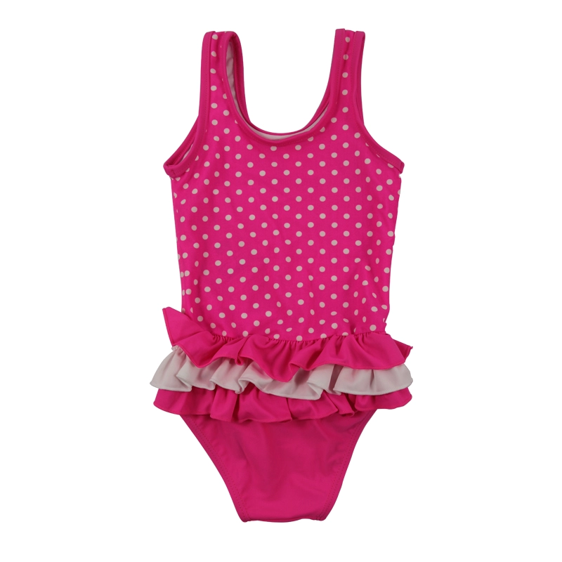 ملابس سباحة للفتيات من قطعة واحدة باللونين الوردي والأبيض منقطة
