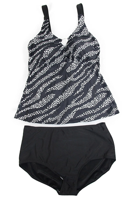 مجموعة ملابس السباحة Tankini السوداء للنساء من White Dots Wavy Stripes