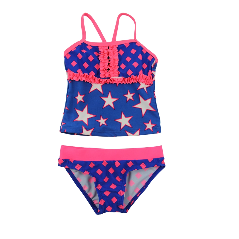 نجوم الأزرق والوردي تانكيني مجموعة ملابس الشاطئ الكشكشة