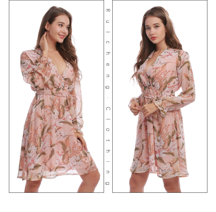 Custom chiffon fabric floral print pink women dresses