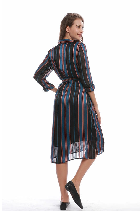 فستان قميص نسائي مخطط من الحرير بأكمام طويلة وحزام للخريف