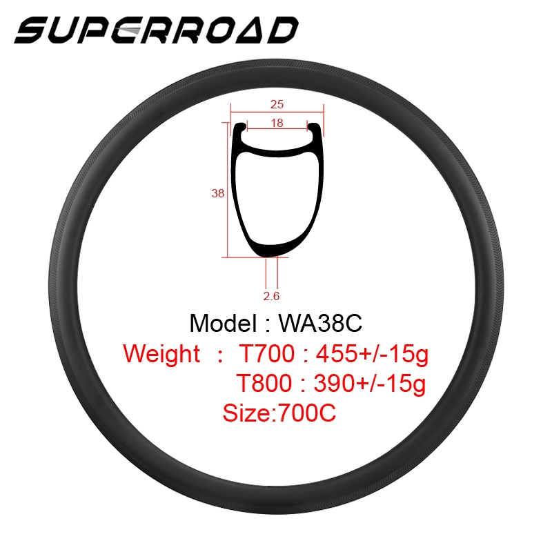 Superroad 700C فاصلة لحواف الطريق الكربونية غير المتكافئة مقاس 38 مم